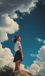 a girl looking up at a sky with clouds