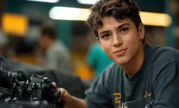 a young man holding onto a camera and taking a picture