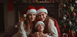 three girls are dressed in santa hats and posing for the camera