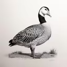 a duck stands alone on a patch of grass