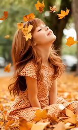 a little girl is sitting in the middle of leaves