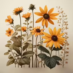 several beautiful flowers with leaves on a white background
