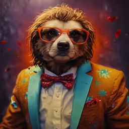 a racoon wearing a red glasses and a suit is wearing blue