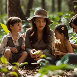 three young children, including a mother and child, look at something together