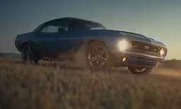 the car in a field is driving through the air