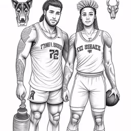 the two basketball players have their tattoos on,a couple of basketball players wearing uniforms, one of them is holding a dog,two basketball players in uniform, one is wearing a headband and the other has tattoos,two basketball players wearing their uniforms and holding baskets,a couple of basketball players in tattoos and uniforms