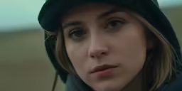 the girl is wearing a green jacket and is staring straight ahead