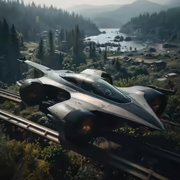 a video game with two futuristic vehicles in the countryside