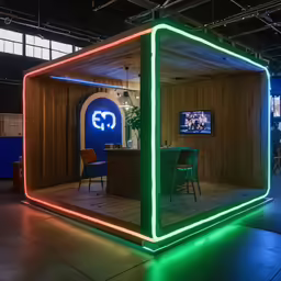 a brightly colored lit exhibit display in a warehouse