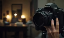 a person holding up a camera in front of a dark room