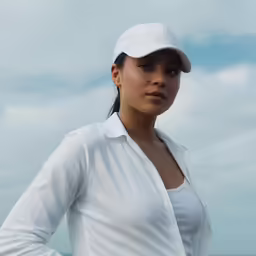 the woman is wearing a white hat while posing