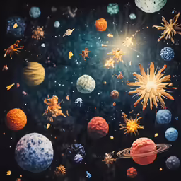 some star dust planets and sun on a black background