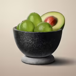 a bunch of green avocados and a cut in half lime