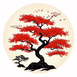 red leaves of a tree are shown in this circular painting