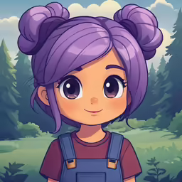 a boy with purple hair standing in a forest