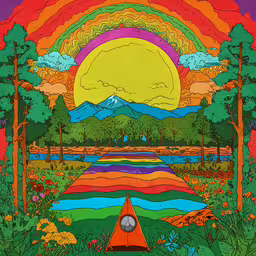 the sun sets over a river with mountains, trees and clouds in the background,the poster shows a pathway in front of a rainbow colored sky and mountains