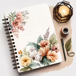 notebook, pen and candle on table with flowers