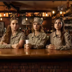 three woman in uniform with mugs in hand