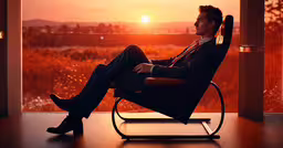 the man is wearing a suit and sitting in a chair on the porch,a man sits on an airplane with the sunset outside