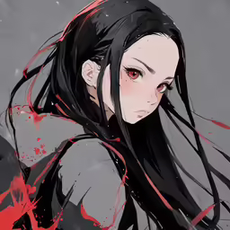 a woman with long black hair in red ink