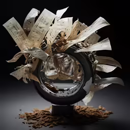 a ring is arranged with old sheet music on a black background