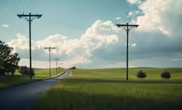 an empty road is seen between two telephone poles and other power poles