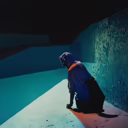man on a skateboard kneeling down against an empty concrete wall