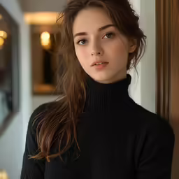 a girl in a black sweater leaning against a wall