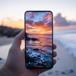 someone is holding their iphone up to show the view of a beach