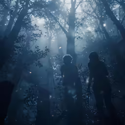two people walking in a forest with fog