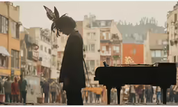 the lady is playing the piano while people stand nearby