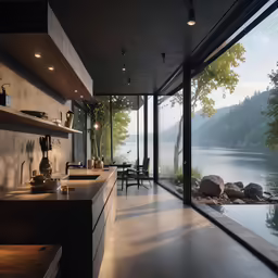 large room with a lake and chairs and shelves