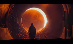 a person in front of a large sun with their back turned to the camera