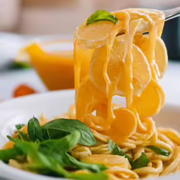 this meal contains spaghetti, lemon slices and orange juice