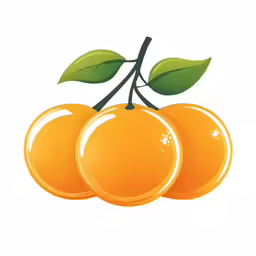 three oranges with green leaves on top