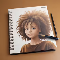 a spiral notebook containing a photo of a woman with curly hair and eyes