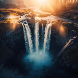 a waterfall with sunlight coming through it surrounded by green plants