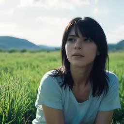 there is a woman that is sitting in the grass