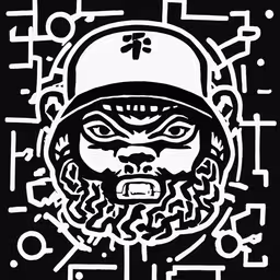 the face of a person wearing a helmet and glasses,the image shows a large black and white drawing of a man