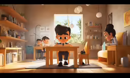 the characters are sitting at the table looking in the mirror