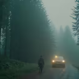 the man is walking to his car on the foggy road