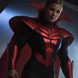 the woman in a futuristic red outfit has an evil look on her face