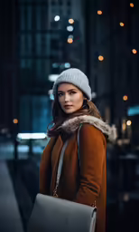 a woman is standing outside at night in the city