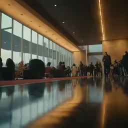 many people are standing outside of a large building