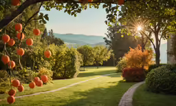 the path in front of a house is lined with oranges