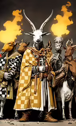 five donkey dressed as a magician standing next to each other