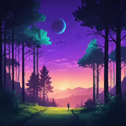 person standing in the grass with the sun setting in the distance,the landscape has a bright purple and orange sky