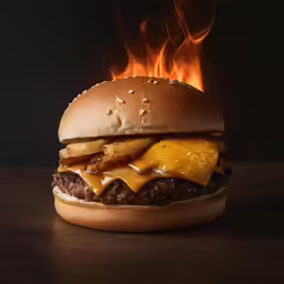 a large hamburger with fries sitting in front of fire