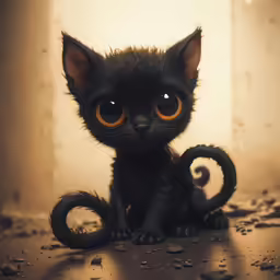 an adorable little black kitten with orange eyes