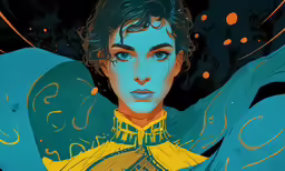 a woman with blue eyes, dressed in yellow
